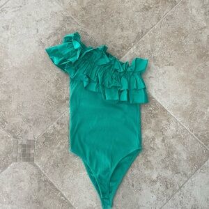 ZARA Green Ruffled One-Shoulder Bodysuit